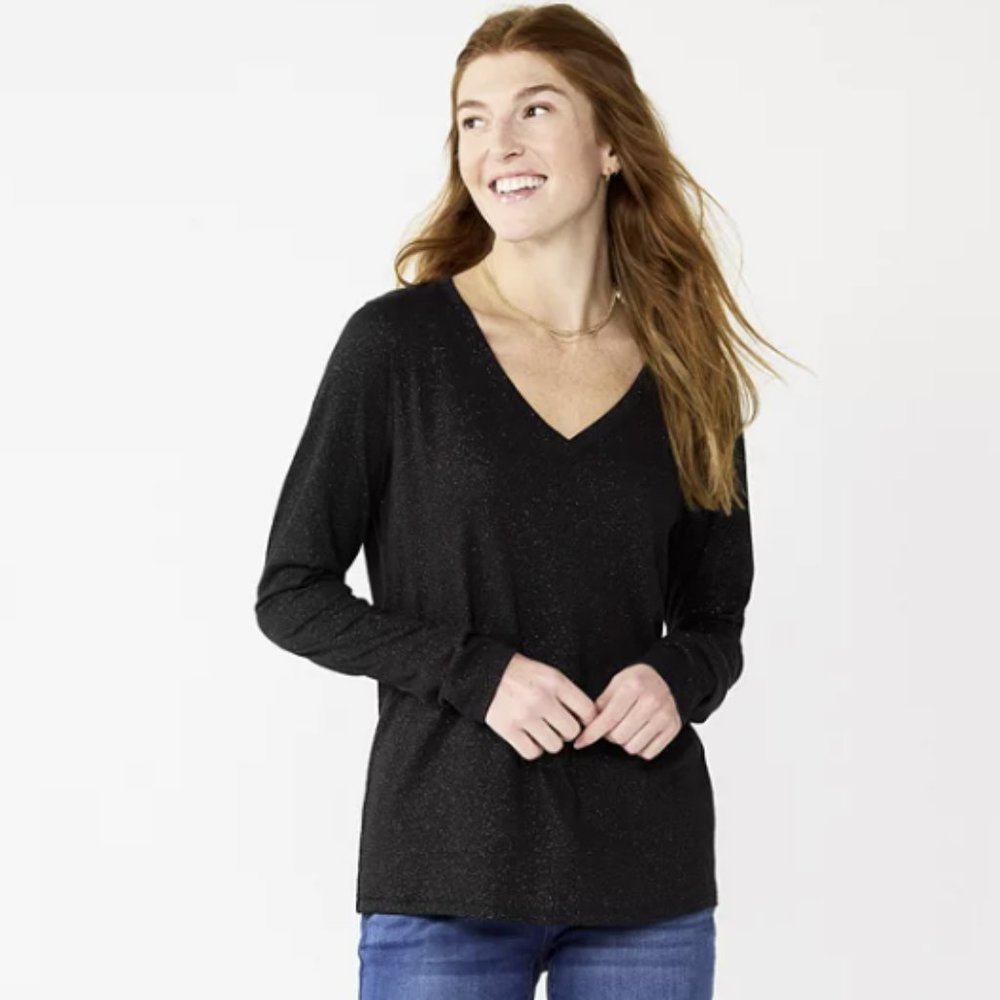 PETITE SONOMA SHINE BLACK EVERYDAY LONG SLEEVE V NECK TOP SIZE PM  #486